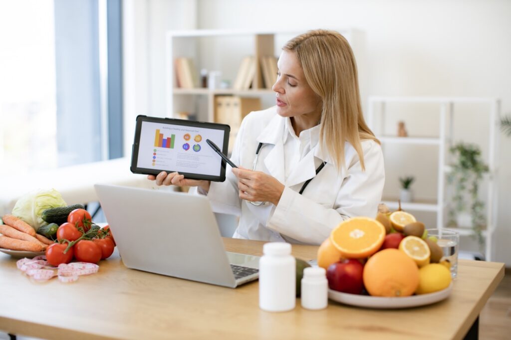 Bariatric surgery patient meeting with a dietitian during a telehealth follow-up